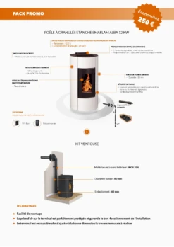 Pack Promo : Poêle à  Granulés Etanche Avec Kit Ventouse - EMAFLAM ALBA Blanc - 11.4 KW -Supra || MODERNA || Invicta Soldes fp alba blanc